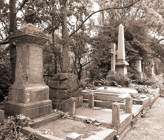 cemetery graves and ornamental monument on a cobbled walkway in black and white