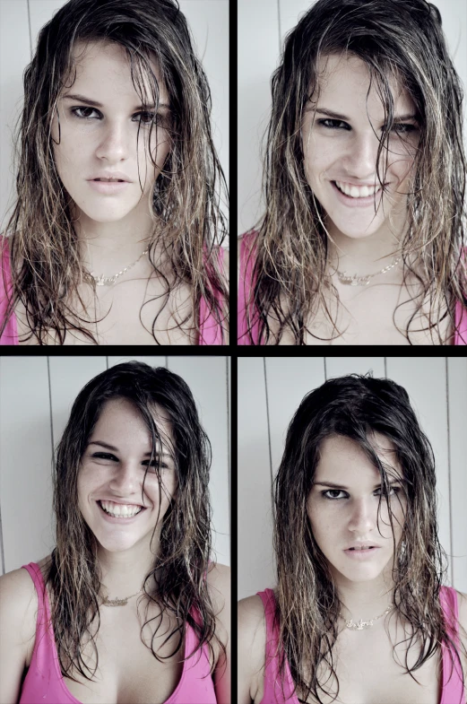 three different images of a girl smiling