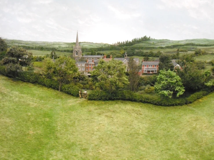 an aerial s shows a grassy area with a large church and trees, on a cloudy day