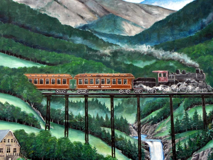 a painting of trains on train tracks crossing over a mountain bridge