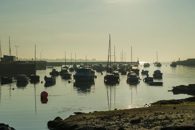 boats are parked in the water near shore