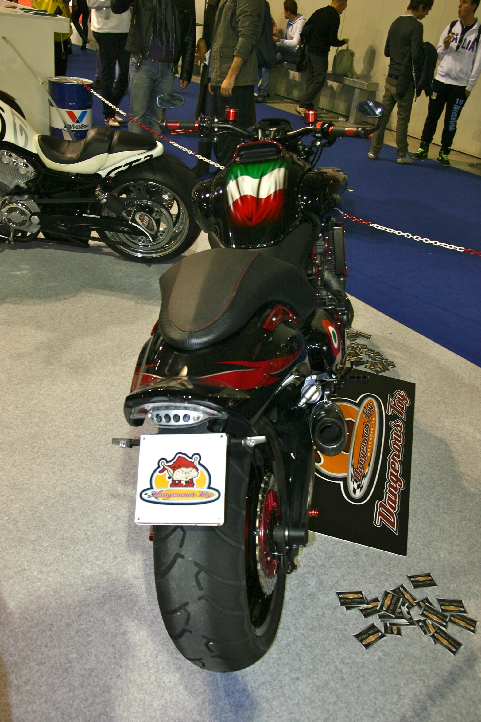 the motor bike is on display for the public to see