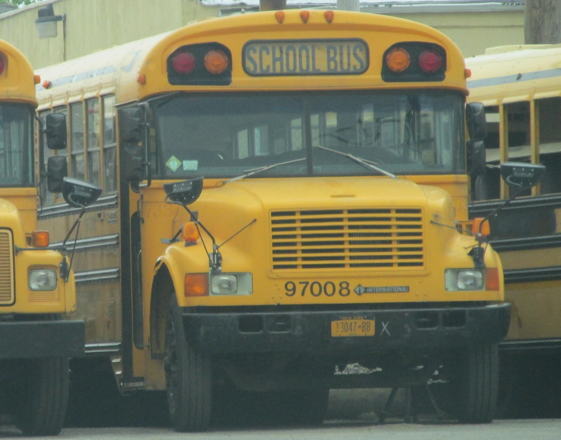 a row of yellow school buses parked at a bus station