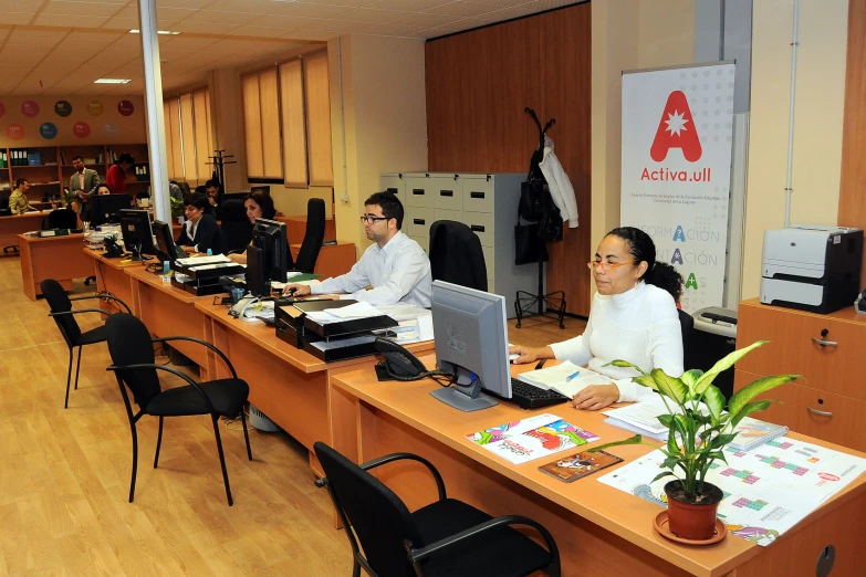 several students in an office setting, each using laptop computers