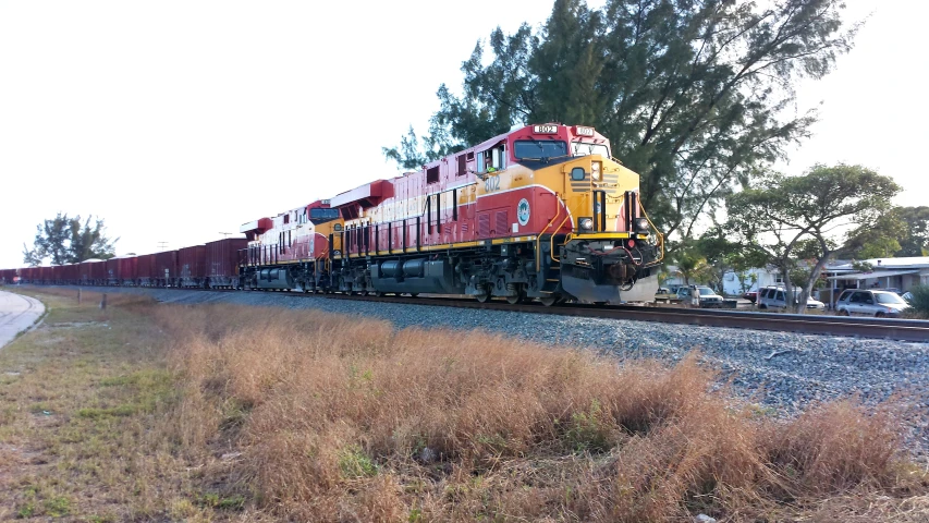 a long train on a steel track near some trees