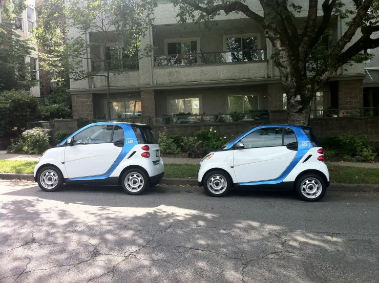 the smart car with an electric charging unit is parked side by side