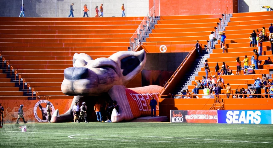 there is a giant inflatable dog on a soccer field