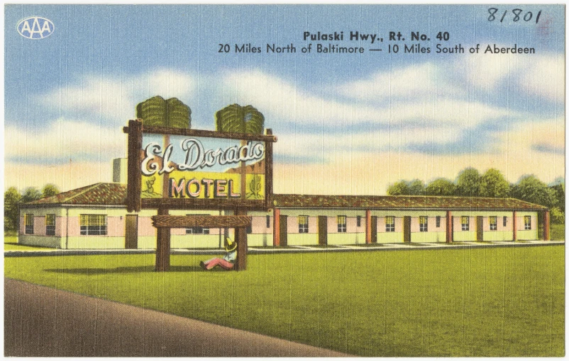 an old painting of a motel in a park