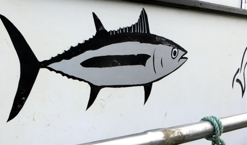 an abstract wall mural of a large fish on the side of a wall