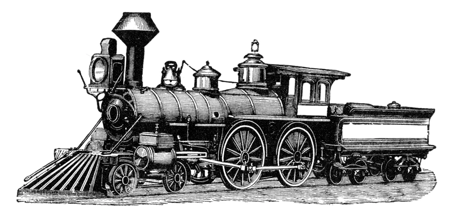 a black and white drawing of an old steam locomotive