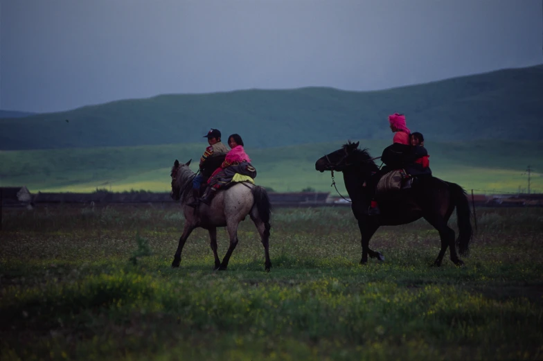 there are two people riding horses in the grass