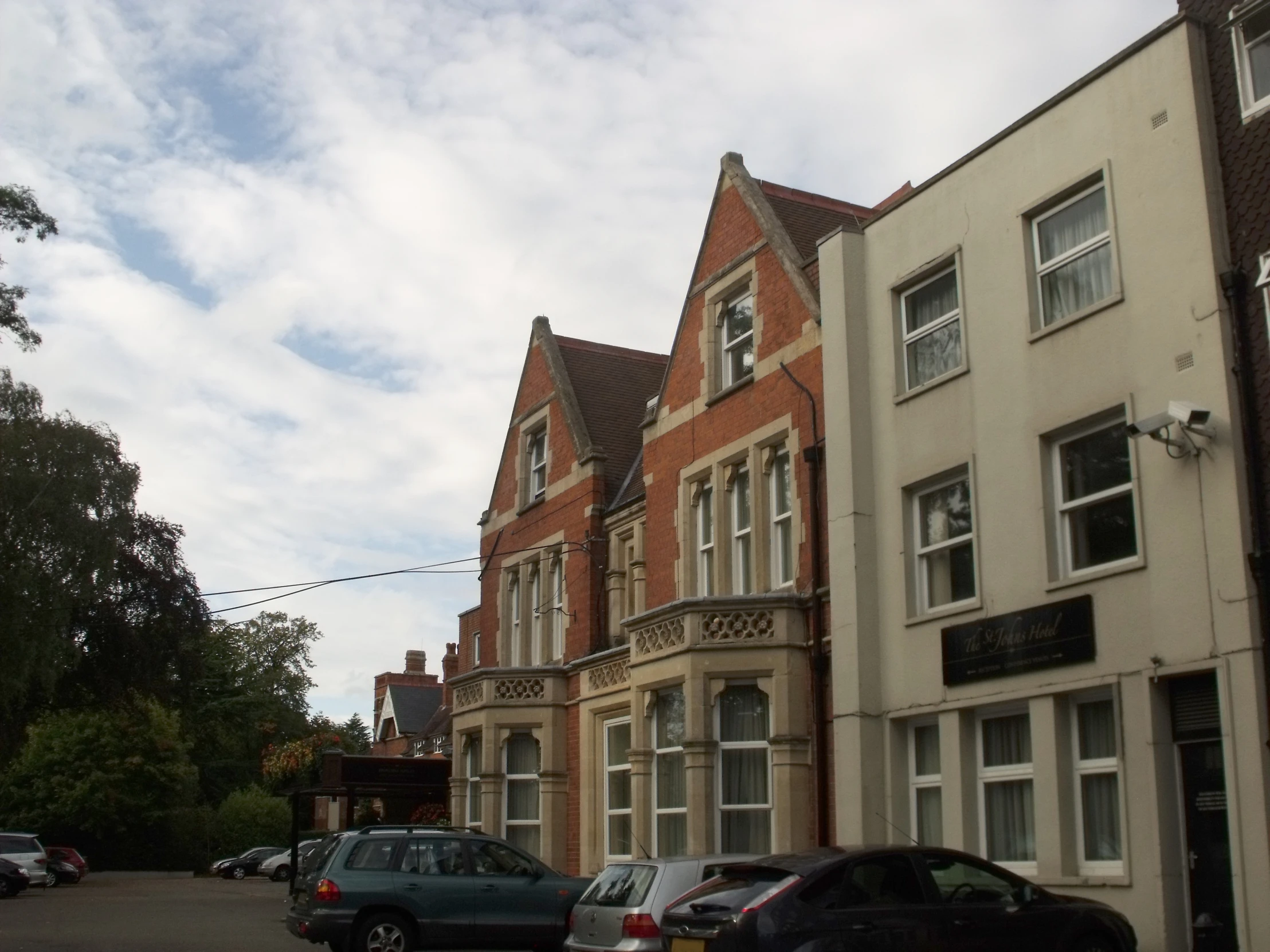 a view of a street lined with buildings