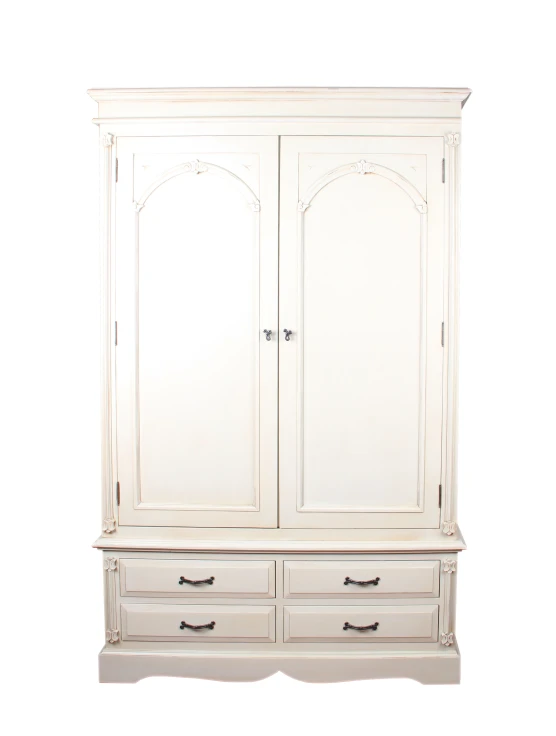 a white armoire with two doors and drawers