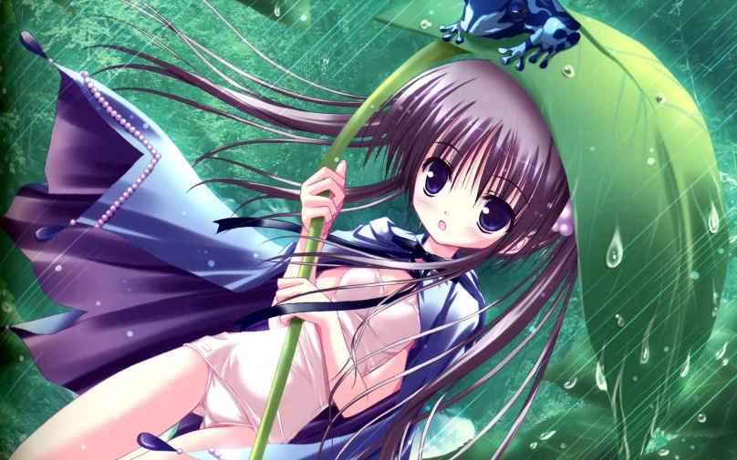 an anime image with the girl standing under the umbrella