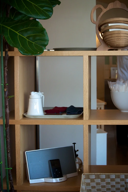 a laptop sits in a wood shelf next to a potted plant