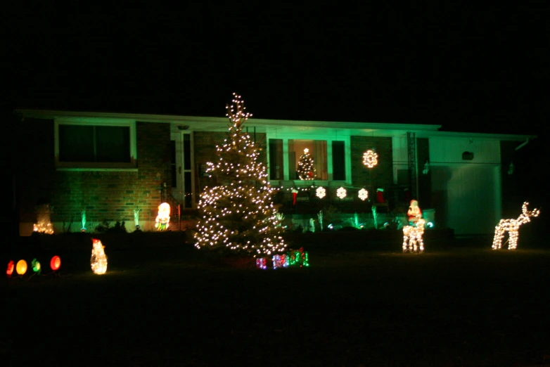 holiday decorations and lights in the front yard of a house