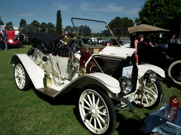 a white and silver antique car on the grass