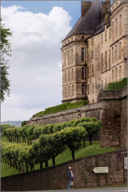 some trees and bushes behind a stone building