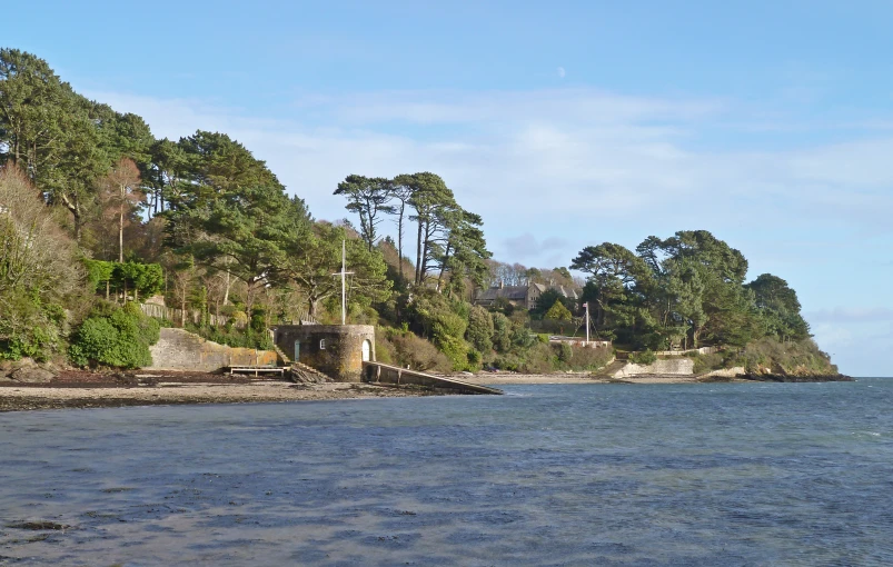 some water trees and buildings and rocks