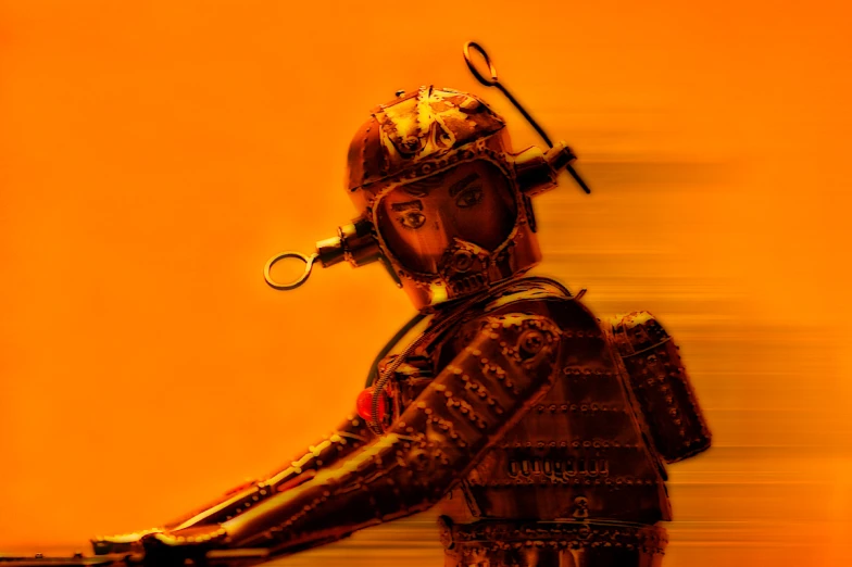 an orange background with a stylized image of a person wearing a helmet and holding a gun