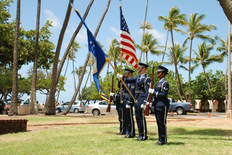 a group of men with flags in grass