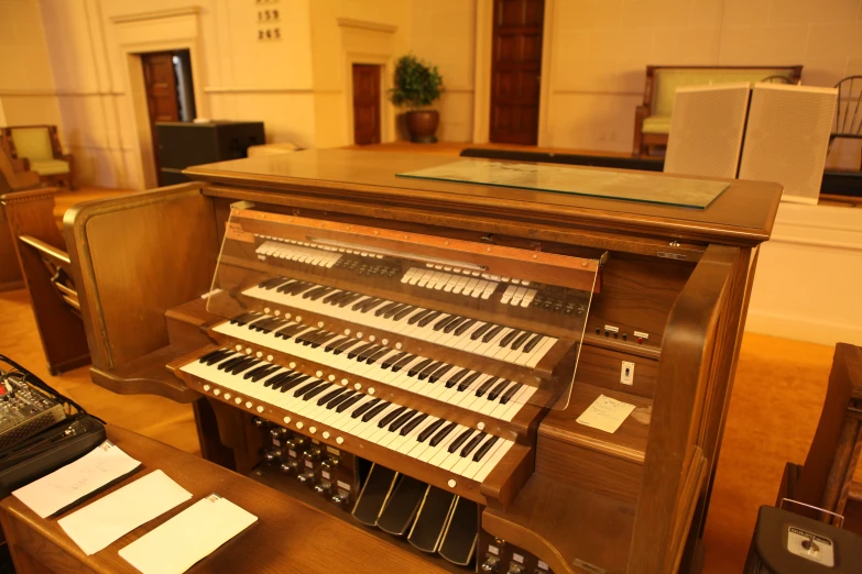 an organ and musical instruments in a church