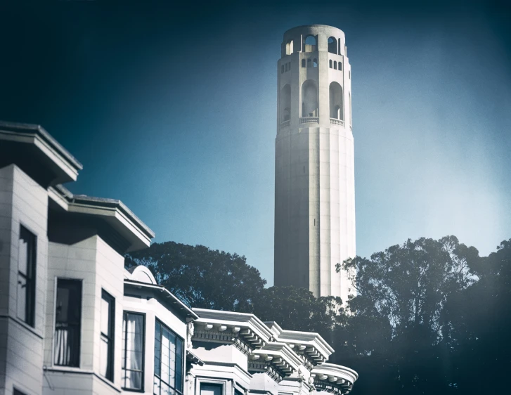 a view from the side of a building of a clock tower