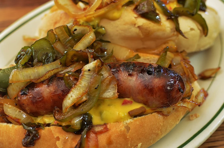  dogs in buns with cheese, onions, and onions on a white plate