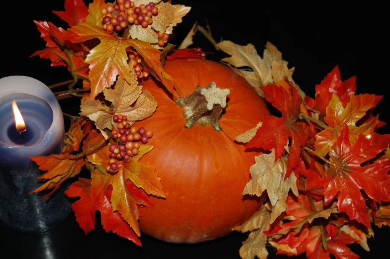 a candle and pumpkins with colorful leaves