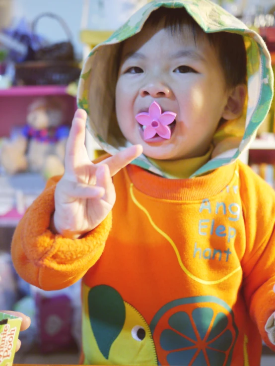 a little  with a pink flower in his mouth