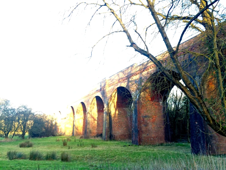 an old bridge has arches and grass around it