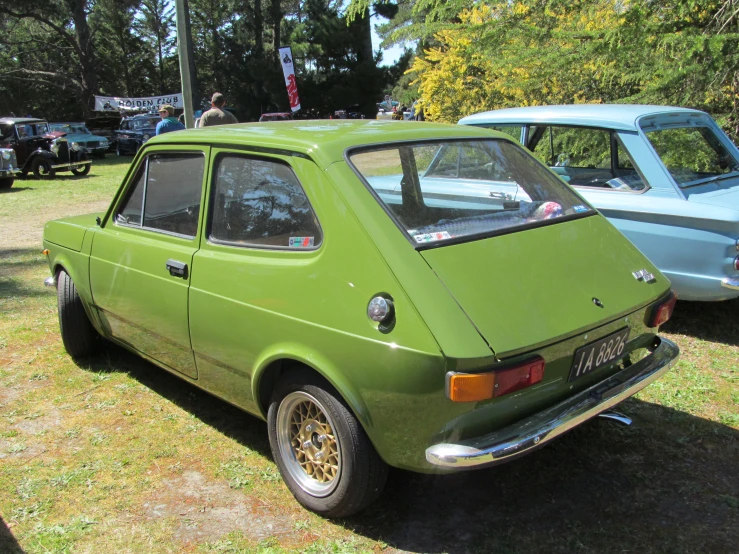 a green car is parked on a patch of grass