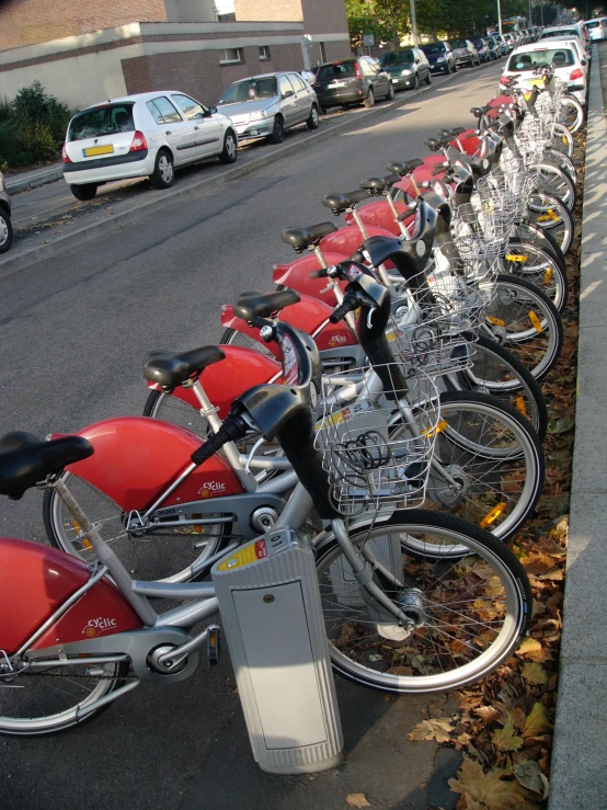 rows of bicycles parked along the side of the road