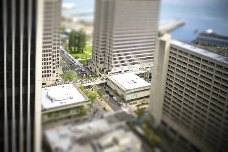 a aerial view of buildings and a city