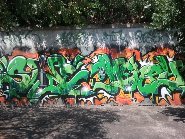 a group of graffitti on a wall and some trees