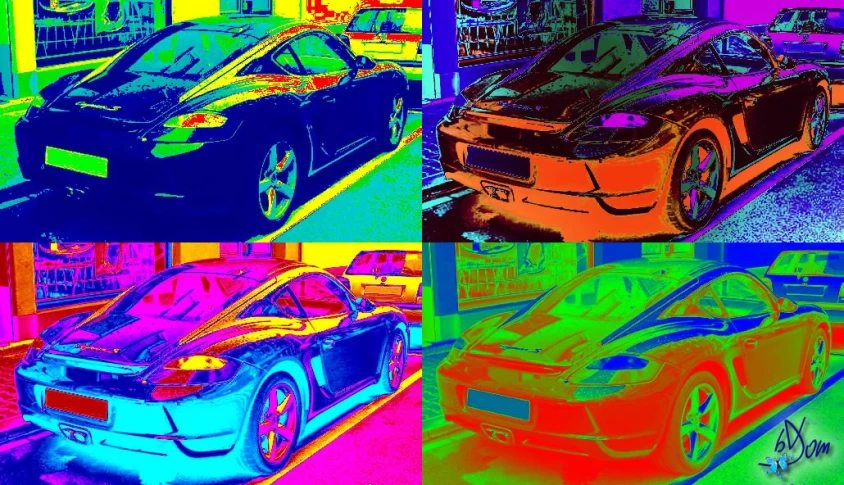 abstract painting of multiple cars in a colorful street