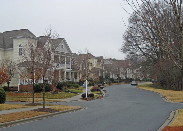 a residential street lined with several rows of houses