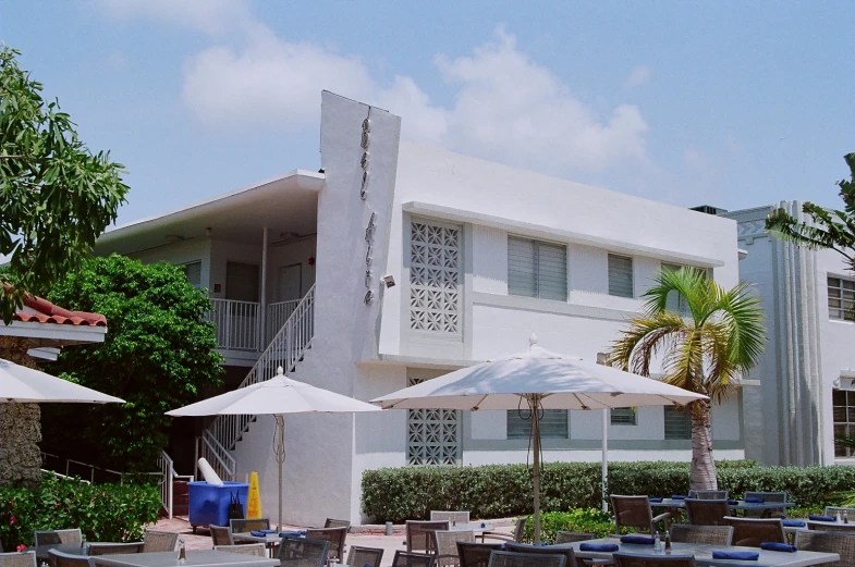 an outside view of a restaurant and patio