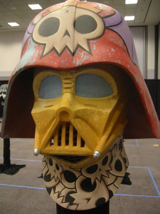 a close up of a person's helmet on a display