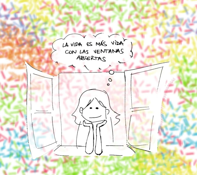 cartoon drawing of a person looking out an open window with colored paint sprinkles