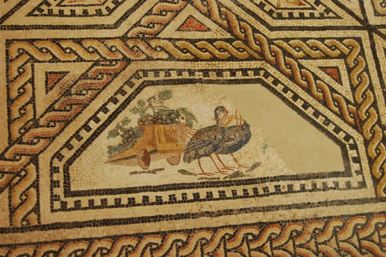 an artistic mosaic work with two birds, a woman and a man