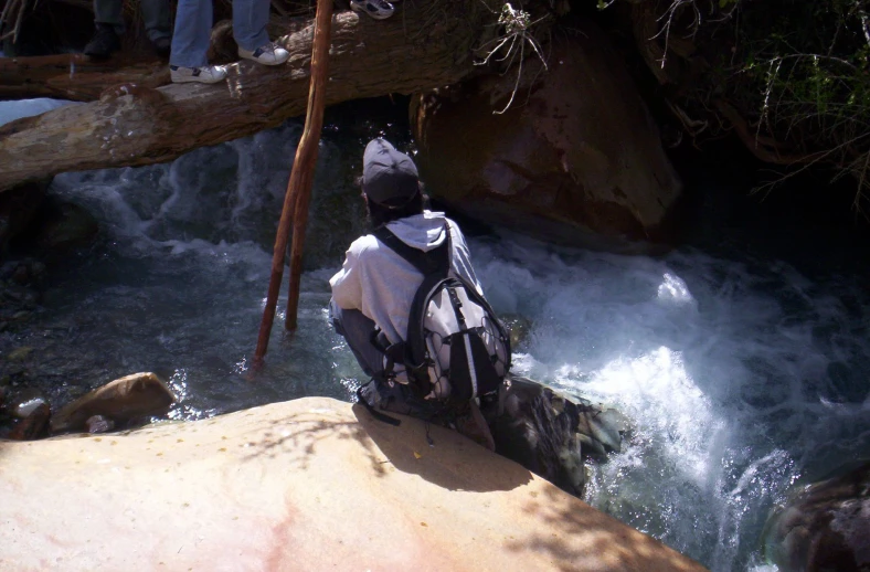 a person sitting on top of a log in a river