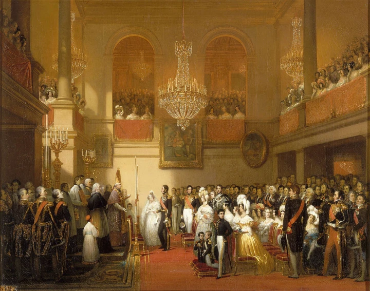 a painting of an official wedding at the royal palace