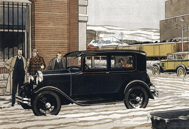 a drawing of a old style car sitting outside of a building