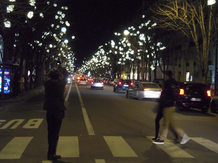 a street with lights and buildings and trees and cars on the side