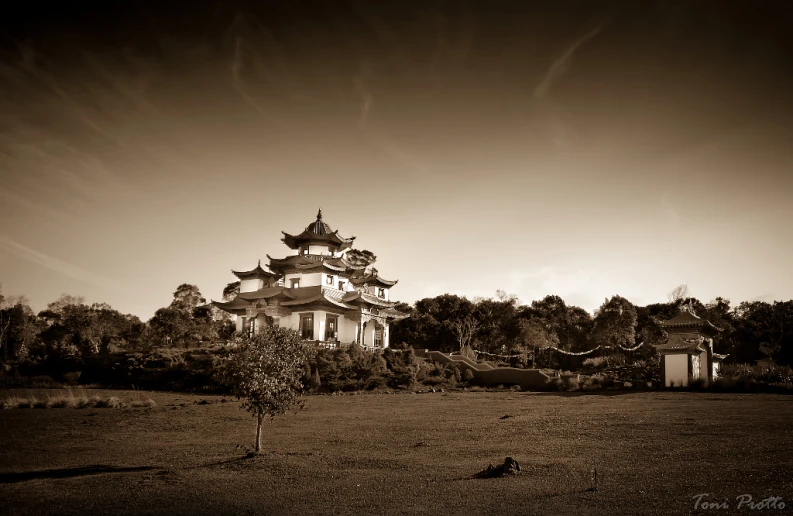 a brown and white po of an asian style structure