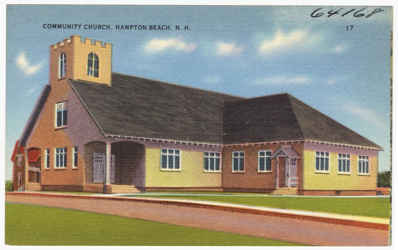 an old church postcard with the church sitting on a lawn