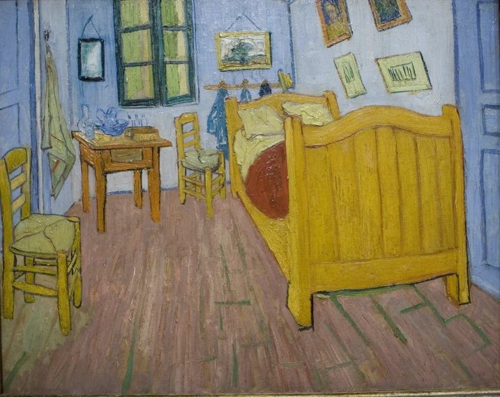 there is a painting of a room with a bed and table