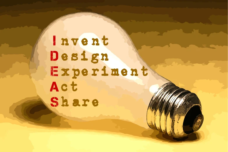 a light bulb with the words inventi design experiment act share