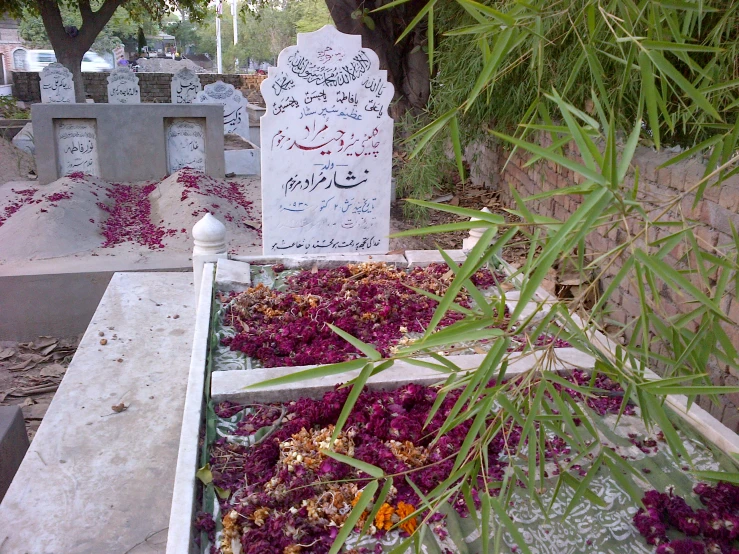the gravestones are decorated in calligraphy and adorned with flowers